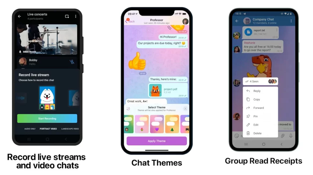 Livestream y Temas en la app de Telegram